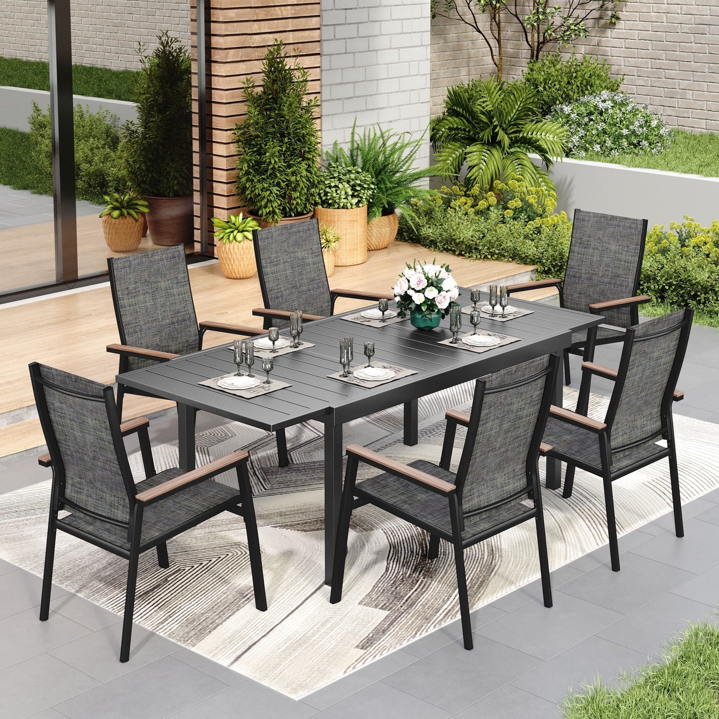 MAISON ARTS Set da pranzo per esterno da 7/9 pezzi, 1 tavolo in metallo estensibile e 6/8 sedie in textilene