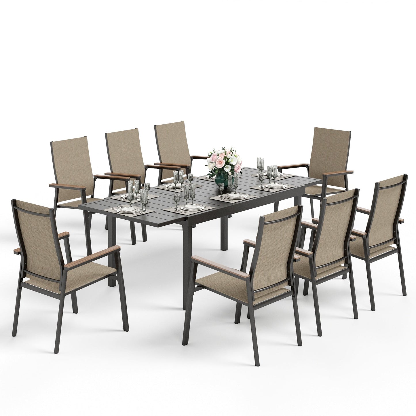 MAISON ARTS Set da pranzo per esterno da 7/9 pezzi, 1 tavolo in metallo estensibile e 6/8 sedie in textilene