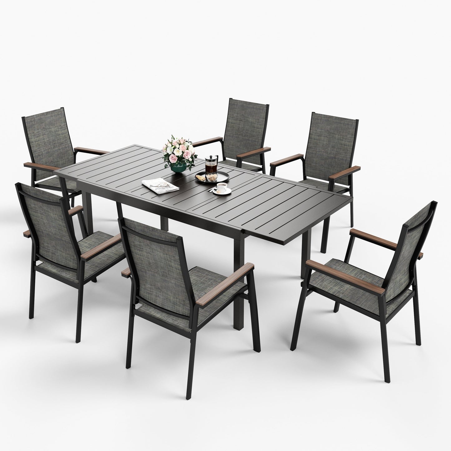 MAISON ARTS Set da pranzo per esterno da 7/9 pezzi, 1 tavolo in metallo estensibile e 6/8 sedie in textilene