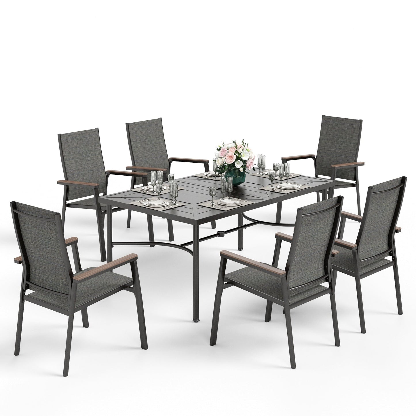 MAISON ARTS Set da pranzo per esterno da 7/9 pezzi, 1 tavolo in metallo estensibile e 6/8 sedie in textilene