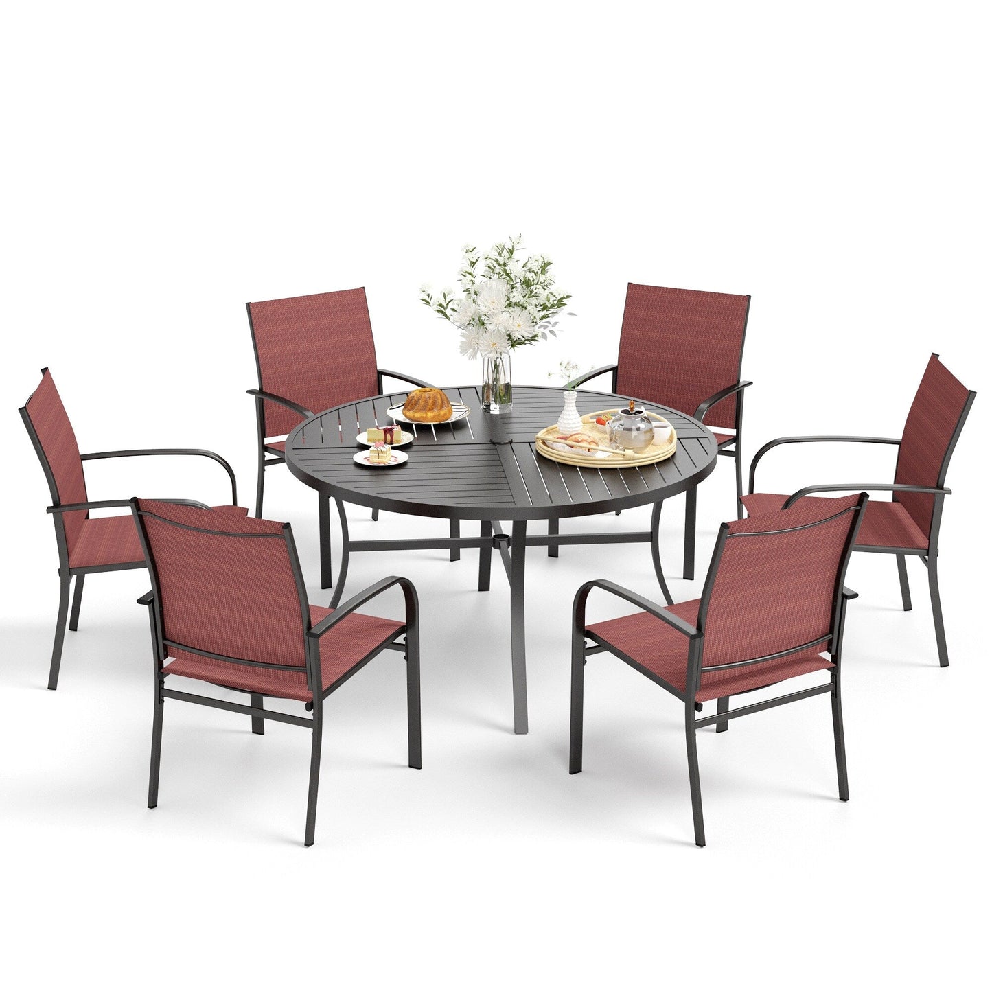 MAISON ARTS Set da pranzo per patio da 7 pezzi per 6 persone, grande tavolo da pranzo rotondo con foro per ombrellone e sedie da pranzo in textilene