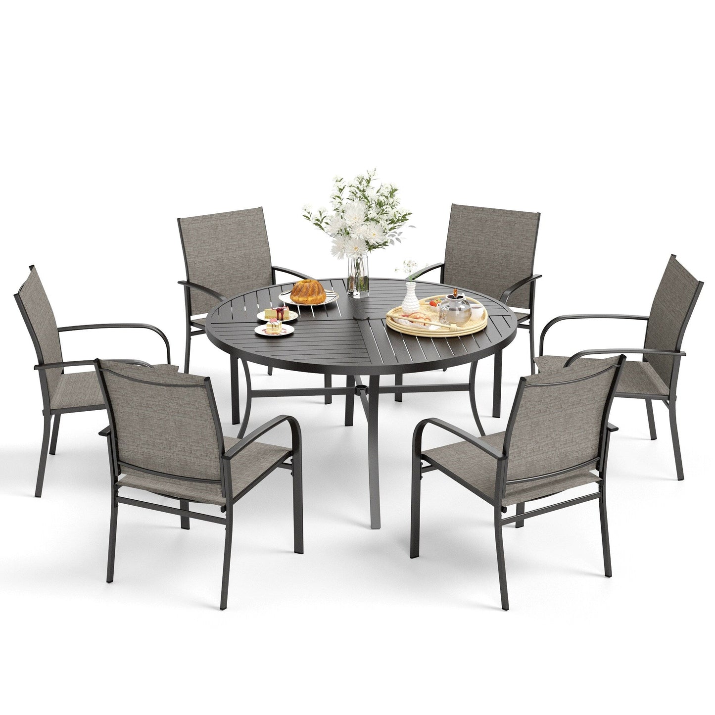 MAISON ARTS Set da pranzo per patio da 7 pezzi per 6 persone, grande tavolo da pranzo rotondo con foro per ombrellone e sedie da pranzo in textilene