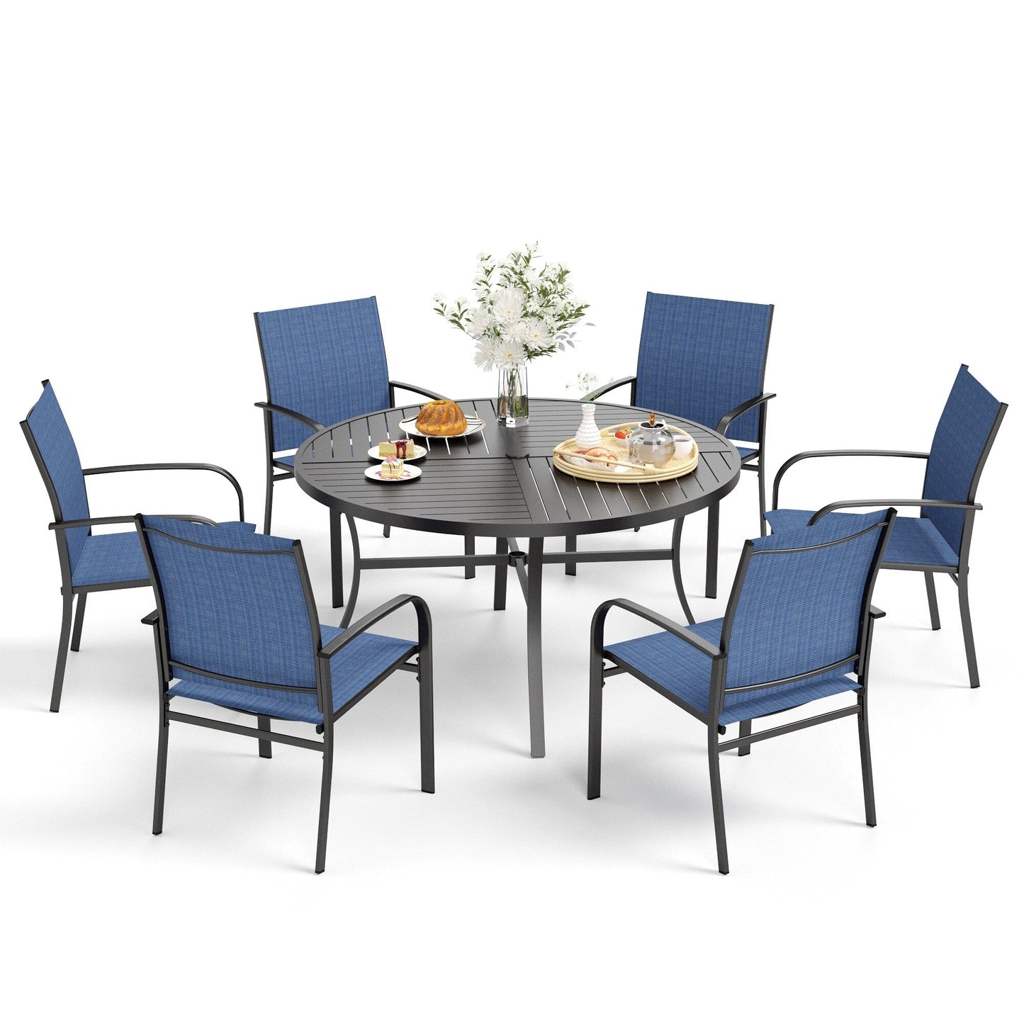 MAISON ARTS Set da pranzo per patio da 7 pezzi per 6 persone, grande tavolo da pranzo rotondo con foro per ombrellone e sedie da pranzo in textilene