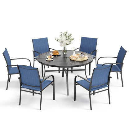 MAISON ARTS Set da pranzo per patio da 7 pezzi per 6 persone, grande tavolo da pranzo rotondo con foro per ombrellone e sedie da pranzo in textilene