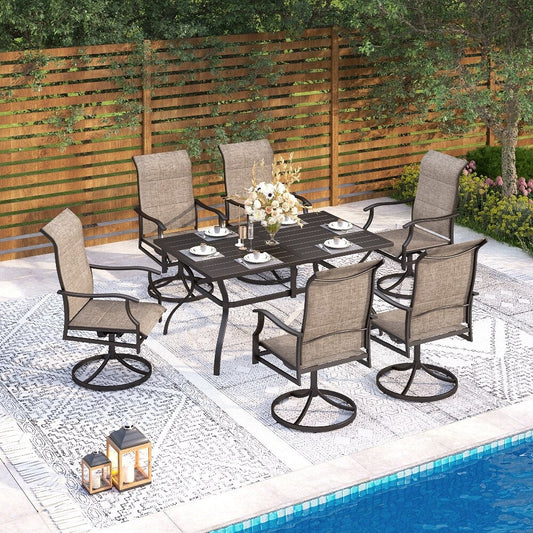 MAISON ARTS Set da pranzo per patio da 7 pezzi, 6 sedie girevoli imbottite in textilene e 1 tavolo in metallo con foro per ombrellone