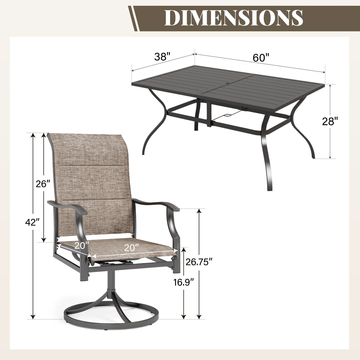 MAISON ARTS Set da pranzo per patio da 7 pezzi, 6 sedie girevoli imbottite in textilene e 1 tavolo in metallo con foro per ombrellone