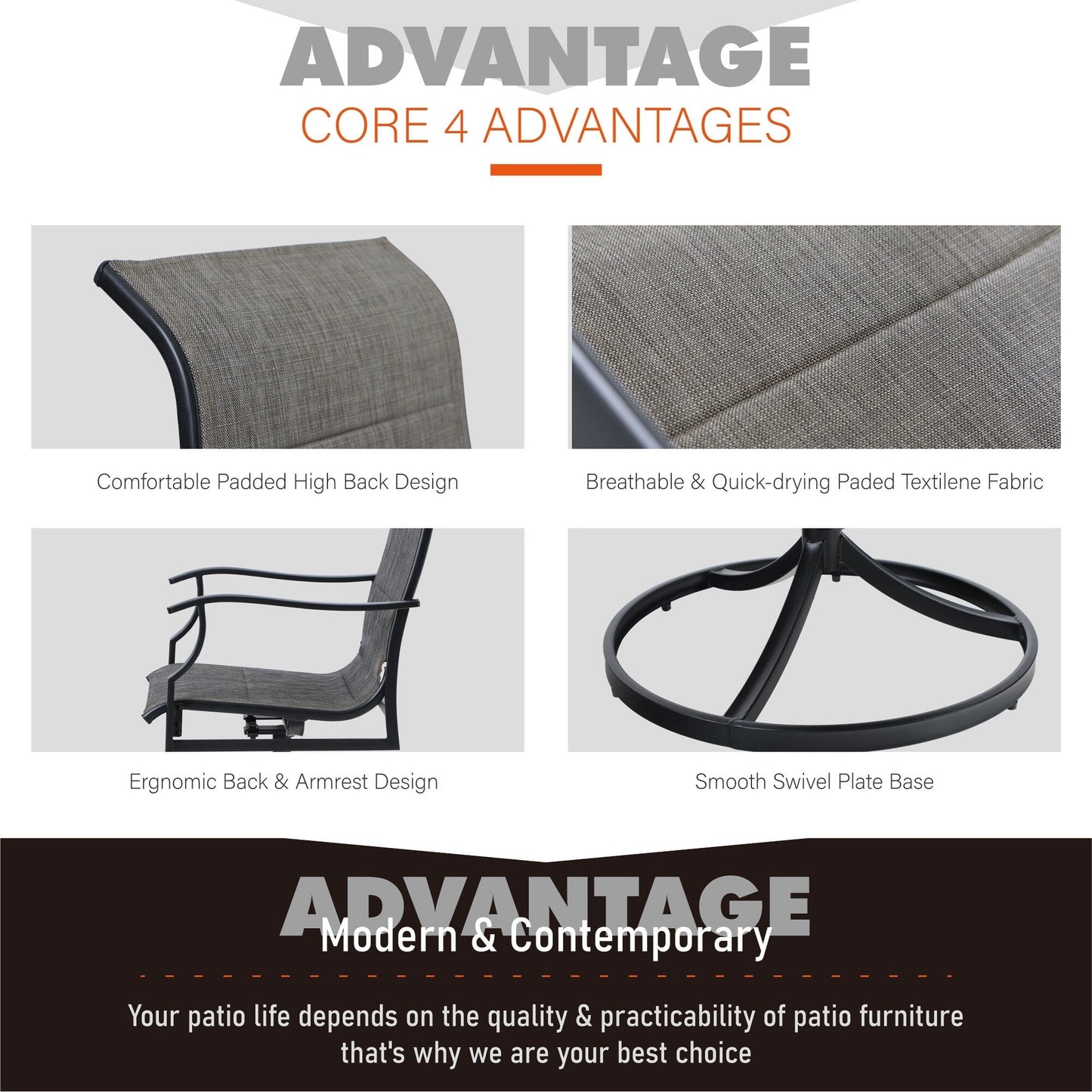 MAISON ARTS Set da pranzo per patio da 7 pezzi, 6 sedie girevoli imbottite in textilene e 1 tavolo in metallo con foro per ombrellone