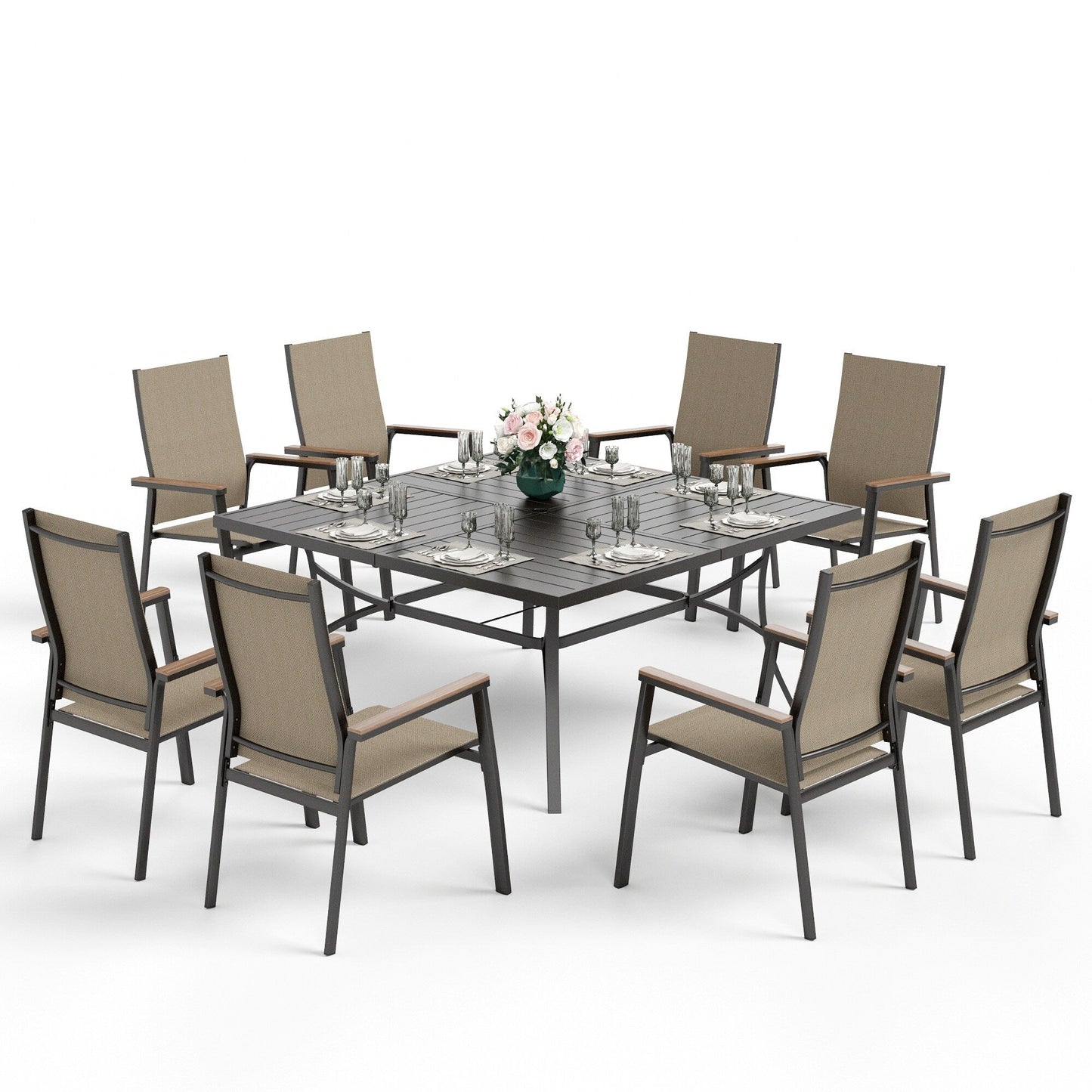 MAISON ARTS Set da pranzo da giardino da 9 pezzi con 8 sedie impilabili in textilene e 1 tavolo in metallo