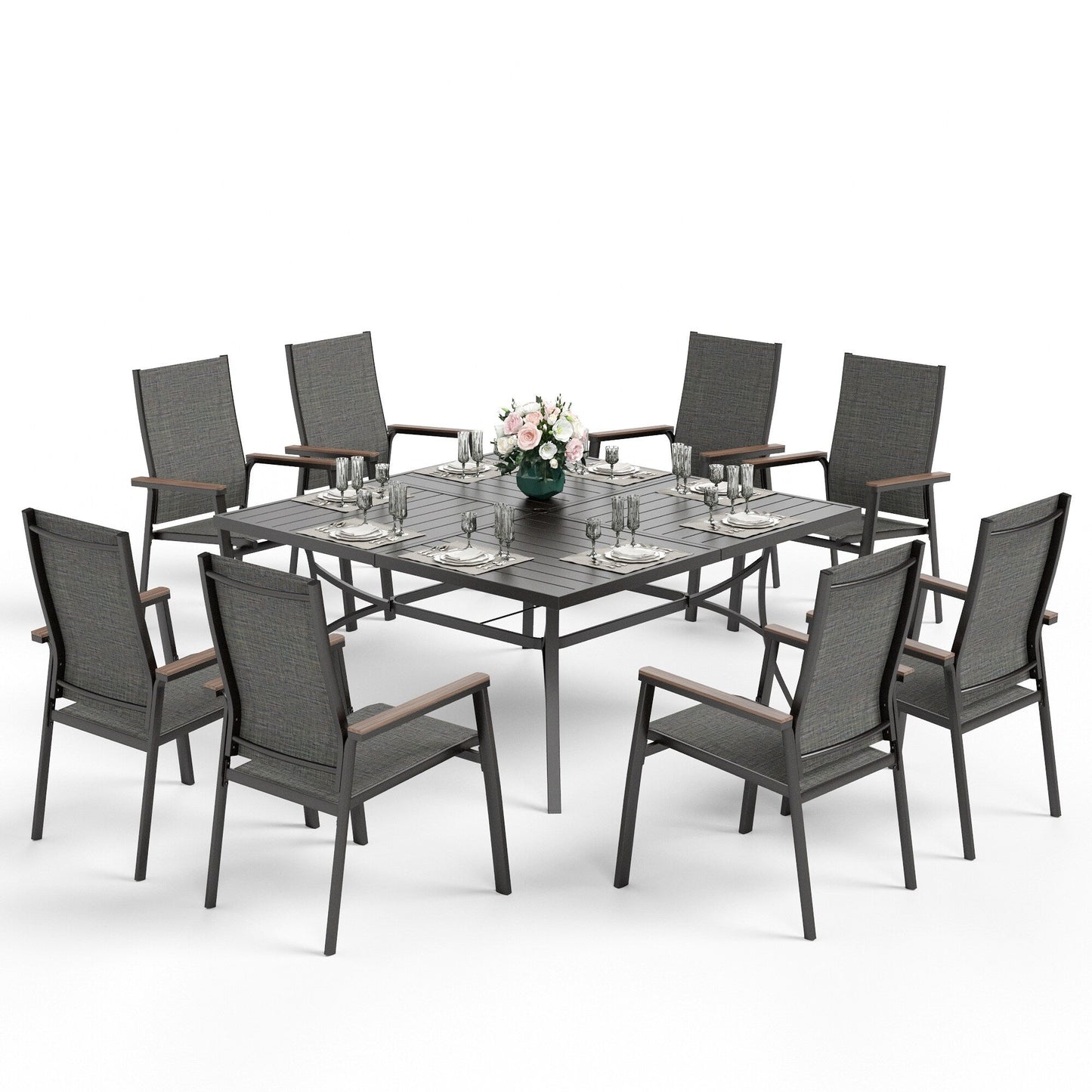 MAISON ARTS Set da pranzo da giardino da 9 pezzi con 8 sedie impilabili in textilene e 1 tavolo in metallo