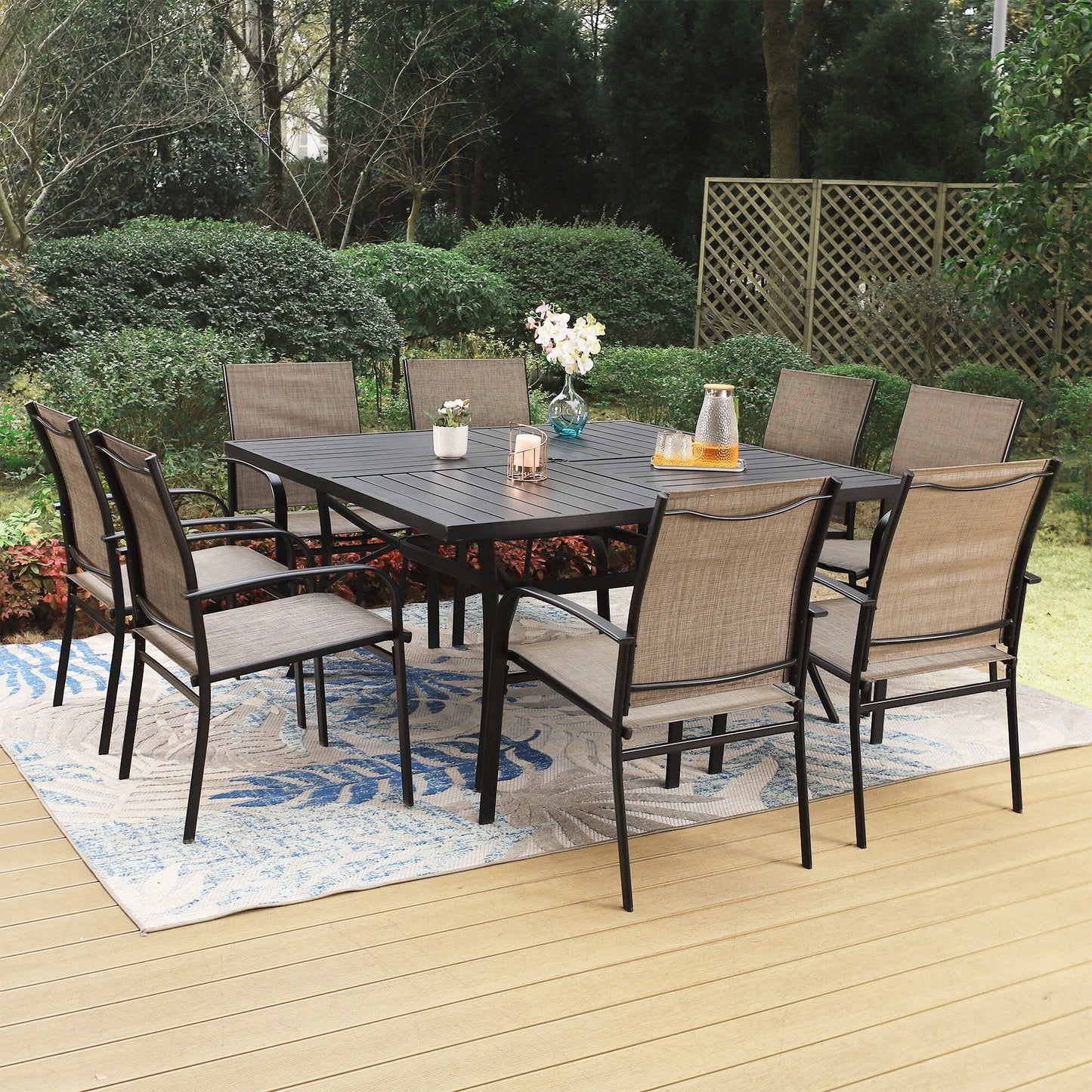 MAISON ARTS Set da pranzo per patio da 9 pezzi, tavolo quadrato in metallo da 60 pollici e 8 sedie da pranzo in textilene