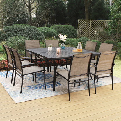 MAISON ARTS Set da pranzo per patio da 9 pezzi, tavolo quadrato in metallo da 60 pollici e 8 sedie da pranzo in textilene