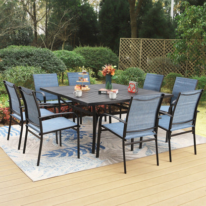 MAISON ARTS Set da pranzo per patio da 9 pezzi, tavolo quadrato in metallo da 60 pollici e 8 sedie da pranzo in textilene