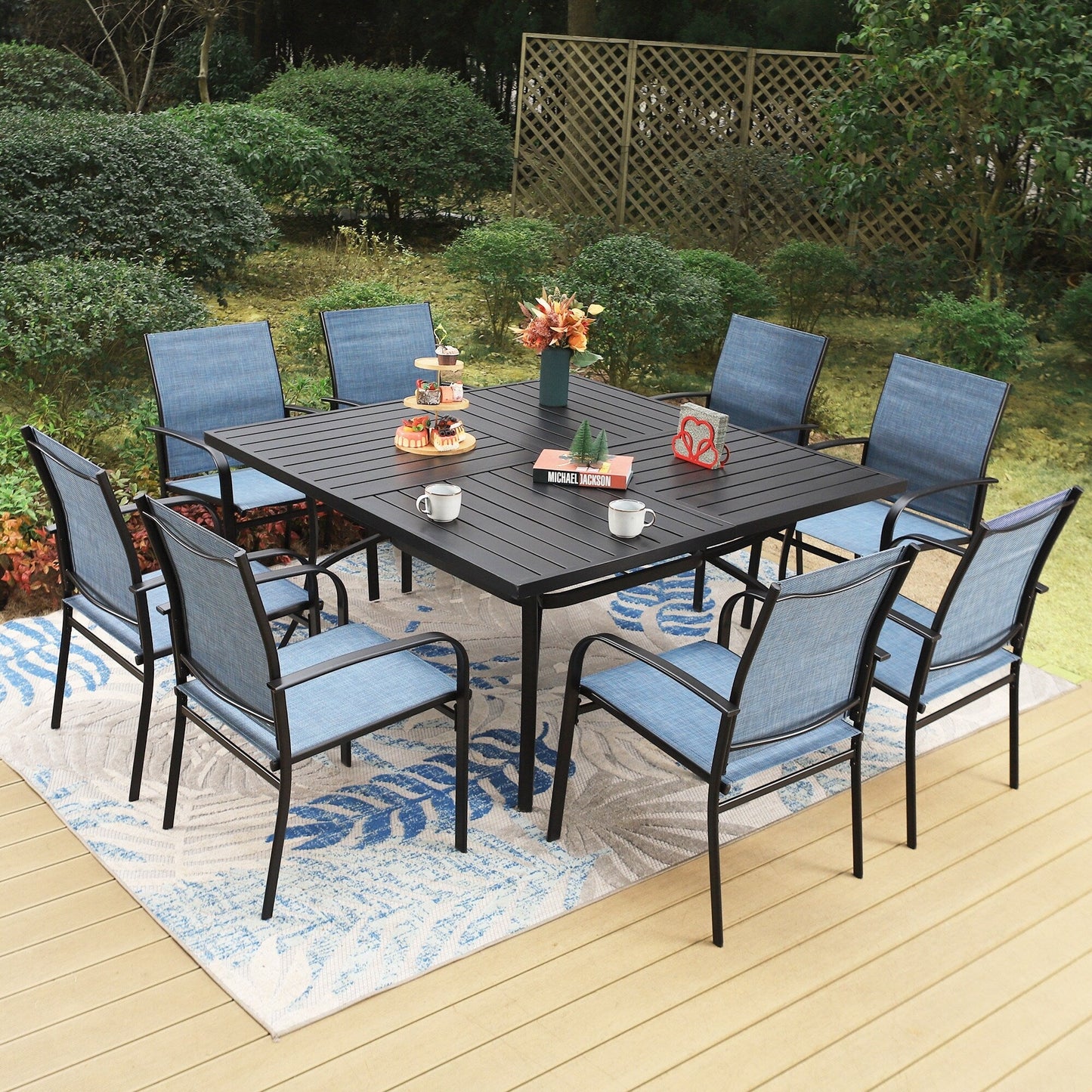 MAISON ARTS Set da pranzo per patio da 9 pezzi, tavolo quadrato in metallo da 60 pollici e 8 sedie da pranzo in textilene