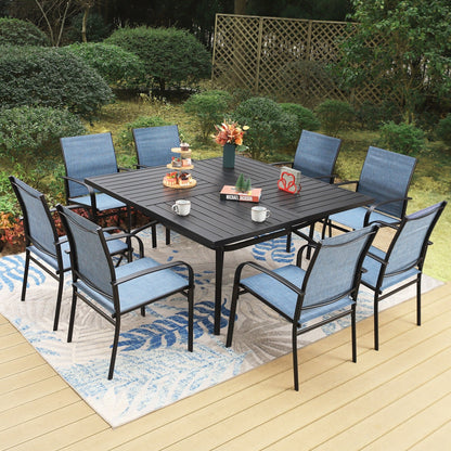 MAISON ARTS Set da pranzo per patio da 9 pezzi, tavolo quadrato in metallo da 60 pollici e 8 sedie da pranzo in textilene