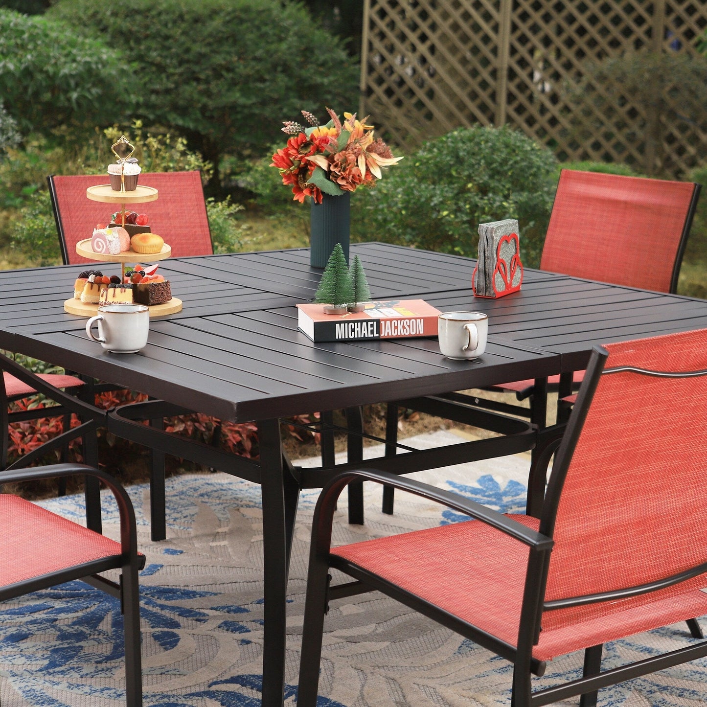 MAISON ARTS Set da pranzo per patio da 9 pezzi, tavolo quadrato in metallo da 60 pollici e 8 sedie da pranzo in textilene