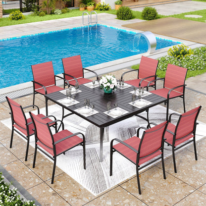 MAISON ARTS Set da pranzo per patio da 9 pezzi, tavolo quadrato in metallo da 60 pollici e 8 sedie da pranzo in textilene