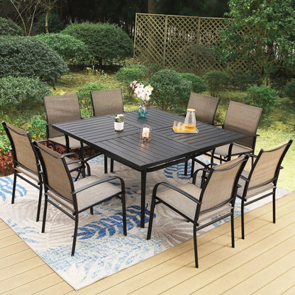 MAISON ARTS Set da pranzo per patio da 9 pezzi, tavolo quadrato in metallo da 60 pollici e 8 sedie da pranzo in textilene