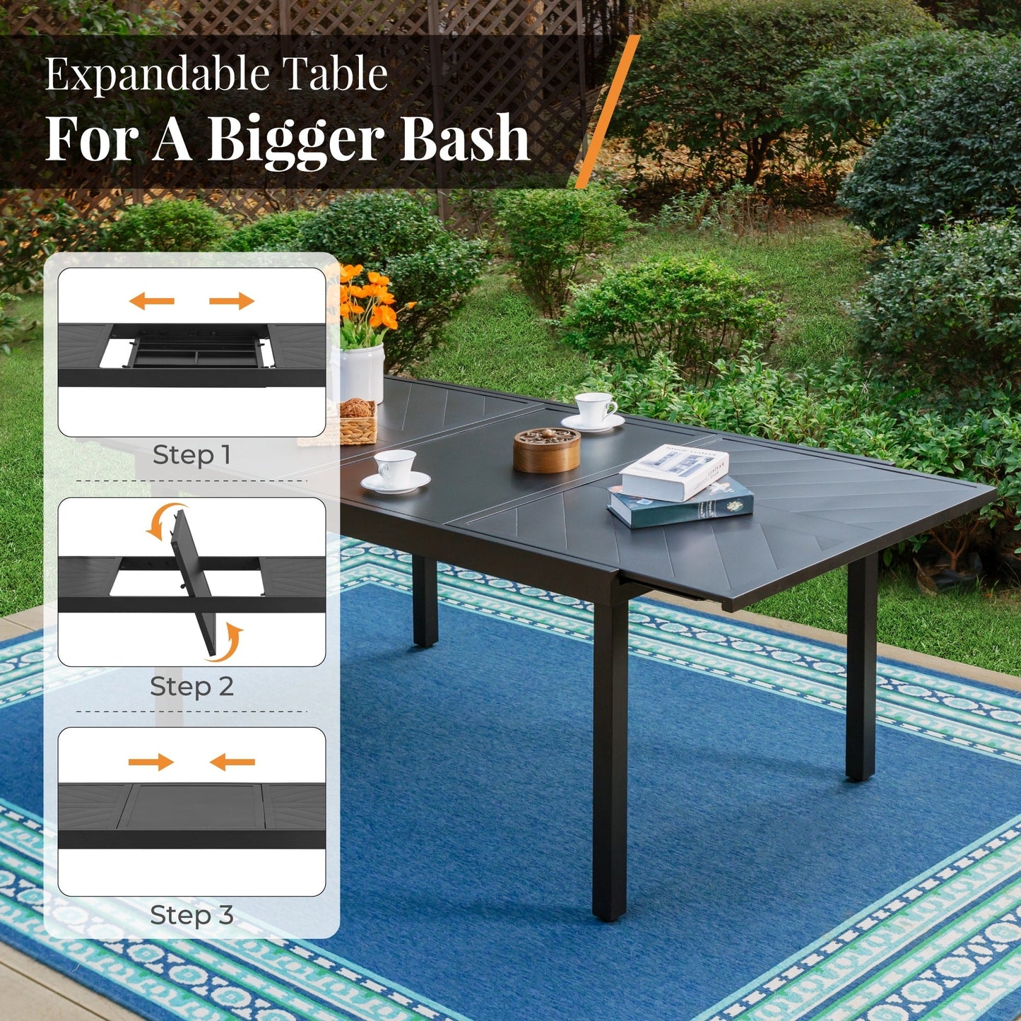 MAISON ARTS Set da pranzo da giardino con rivestimento E-coating da 9 pezzi, composto da 8 sedie impilabili e 1 tavolo estensibile in metallo