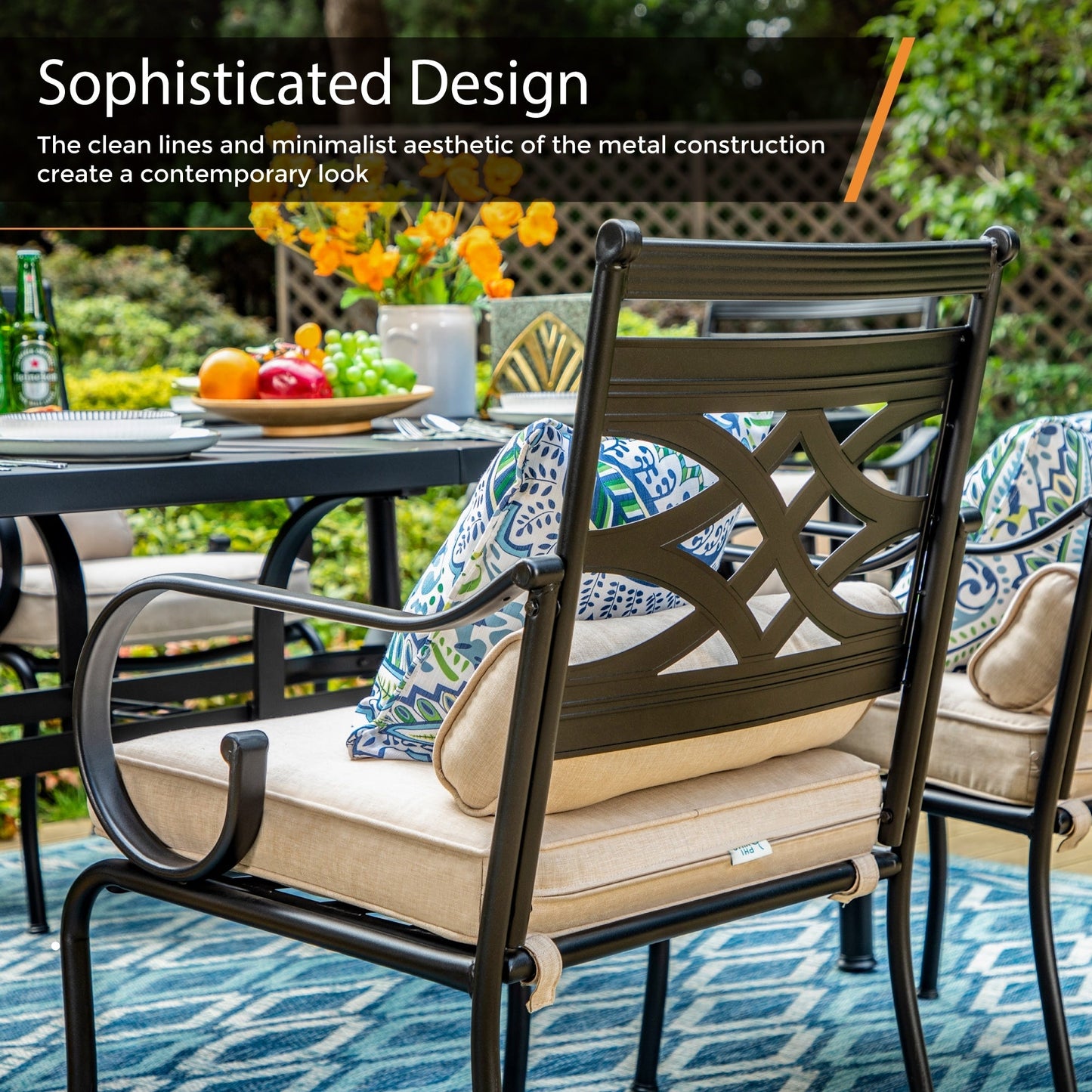 MAISON ARTS Set da pranzo per esterni da 9 pezzi per tavolo da pranzo quadrato in metallo da 8,60 e sedie da pranzo in acciaio con cuscino