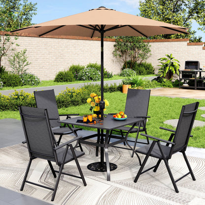 MAISON ARTS Set da pranzo per esterni da 6 pezzi, 1 tavolo quadrato in metallo, 4 sedie pieghevoli regolabili e ombrellone da 9 piedi