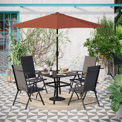 MAISON ARTS Set da pranzo per esterni da 6 pezzi, 1 tavolo quadrato in metallo, 4 sedie pieghevoli regolabili e ombrellone da 9 piedi