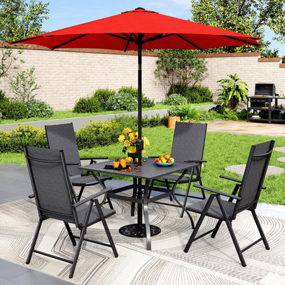 MAISON ARTS Set da pranzo per esterni da 6 pezzi, 1 tavolo quadrato in metallo, 4 sedie pieghevoli regolabili e ombrellone da 9 piedi