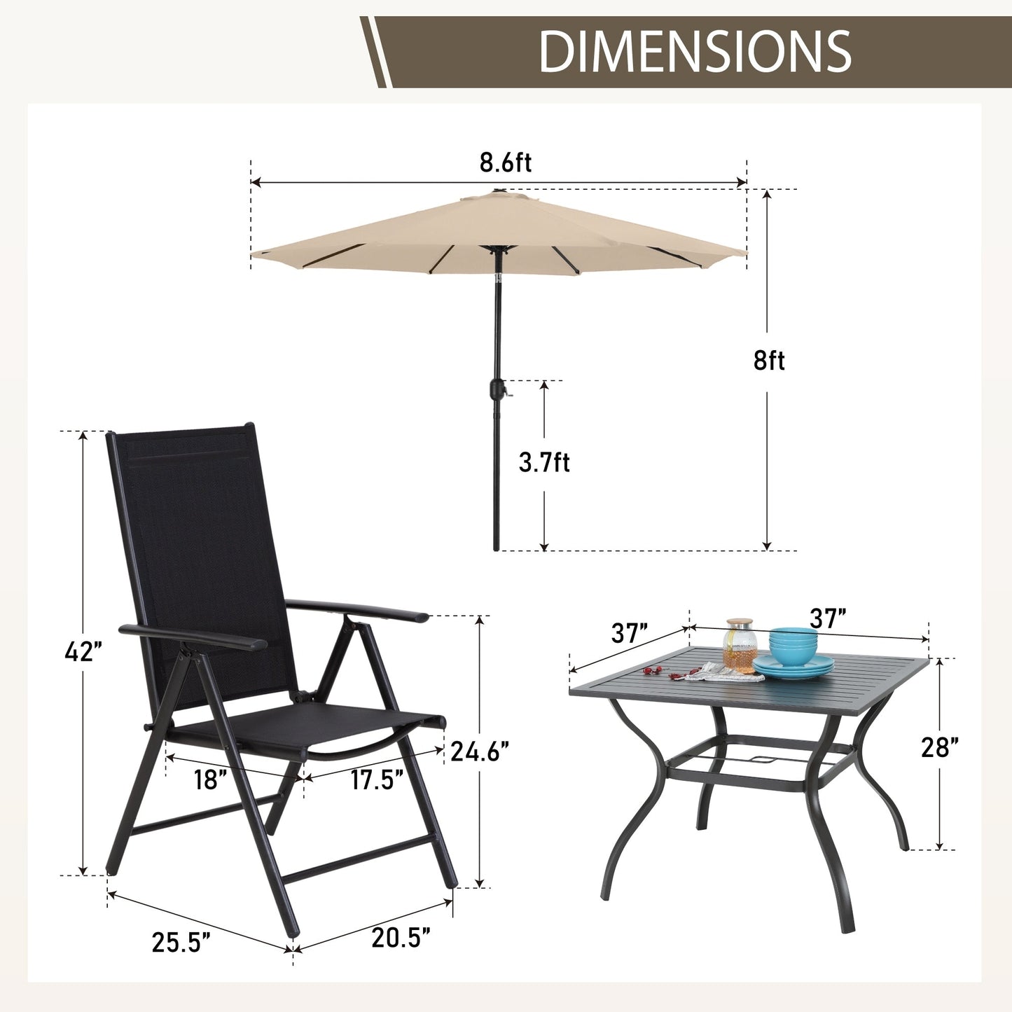 MAISON ARTS Set da pranzo per esterni da 6 pezzi, 1 tavolo quadrato in metallo, 4 sedie pieghevoli regolabili e ombrellone da 9 piedi