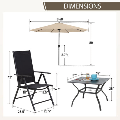 MAISON ARTS Set da pranzo per esterni da 6 pezzi, 1 tavolo quadrato in metallo, 4 sedie pieghevoli regolabili e ombrellone da 9 piedi