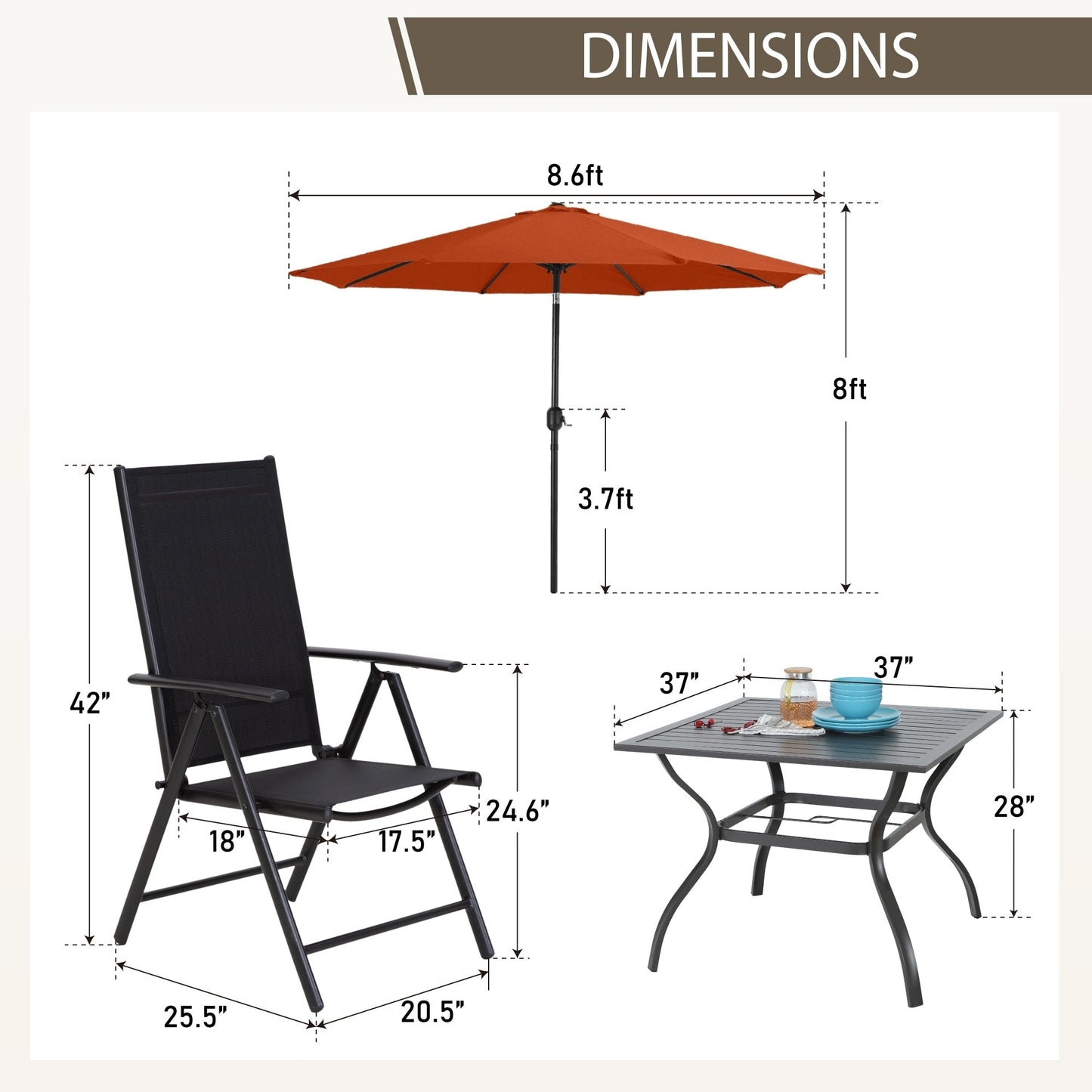 MAISON ARTS Set da pranzo per esterni da 6 pezzi, 1 tavolo quadrato in metallo, 4 sedie pieghevoli regolabili e ombrellone da 9 piedi