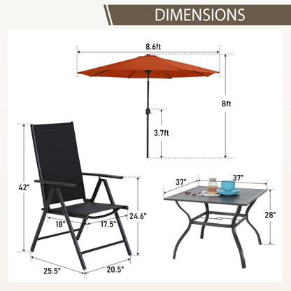 MAISON ARTS Set da pranzo per esterni da 6 pezzi, 1 tavolo quadrato in metallo, 4 sedie pieghevoli regolabili e ombrellone da 9 piedi