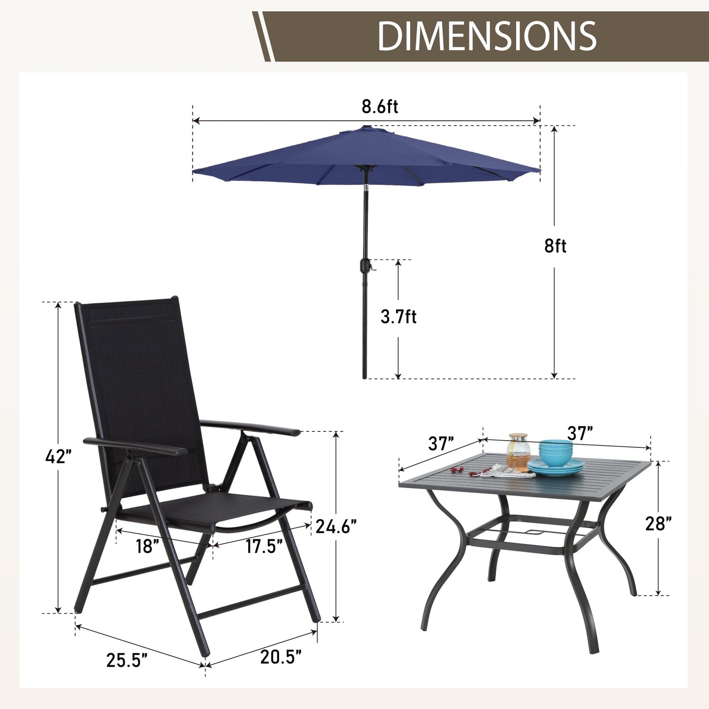 MAISON ARTS Set da pranzo per esterni da 6 pezzi, 1 tavolo quadrato in metallo, 4 sedie pieghevoli regolabili e ombrellone da 9 piedi
