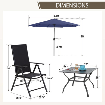 MAISON ARTS Set da pranzo per esterni da 6 pezzi, 1 tavolo quadrato in metallo, 4 sedie pieghevoli regolabili e ombrellone da 9 piedi
