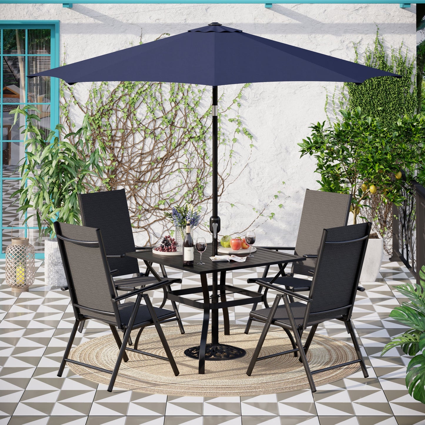 MAISON ARTS Set da pranzo per esterni da 6 pezzi, 1 tavolo quadrato in metallo, 4 sedie pieghevoli regolabili e ombrellone da 9 piedi