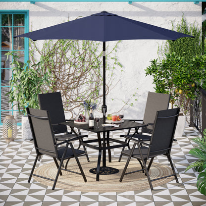 MAISON ARTS Set da pranzo per esterni da 6 pezzi, 1 tavolo quadrato in metallo, 4 sedie pieghevoli regolabili e ombrellone da 9 piedi