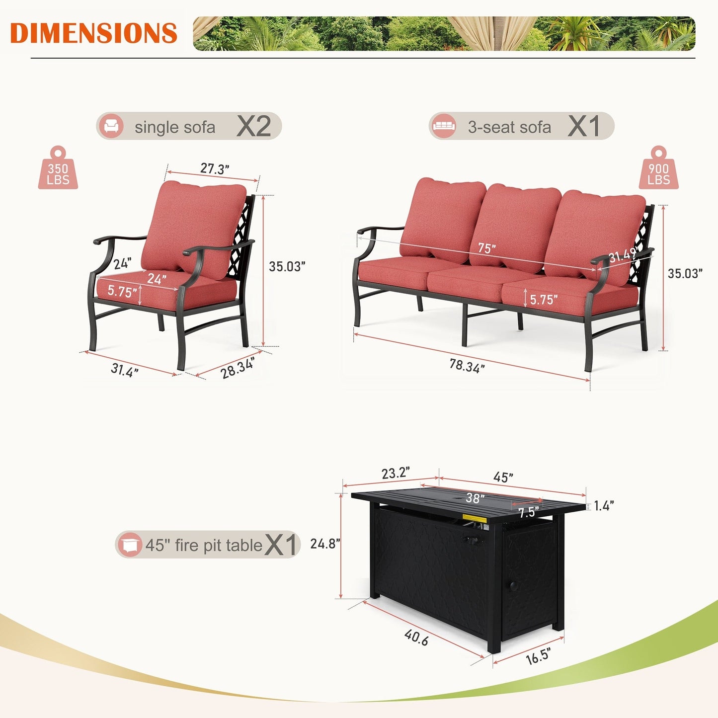 MAISON ARTS Set di divani da esterno da 4/6 pezzi, set da conversazione per patio con tavolo da fuoco a gas da 45''