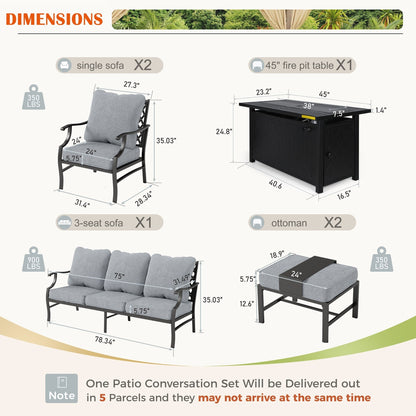 MAISON ARTS Set di divani da esterno da 4/6 pezzi, set da conversazione per patio con tavolo da fuoco a gas da 45''