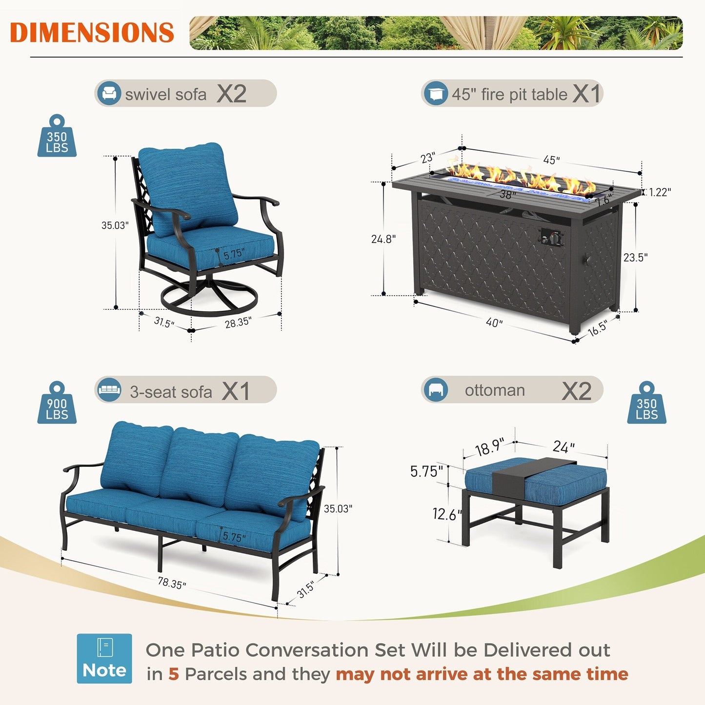 MAISON ARTS Set di divani da esterno da 4/6 pezzi, set da conversazione per patio con tavolo da fuoco a gas da 45''