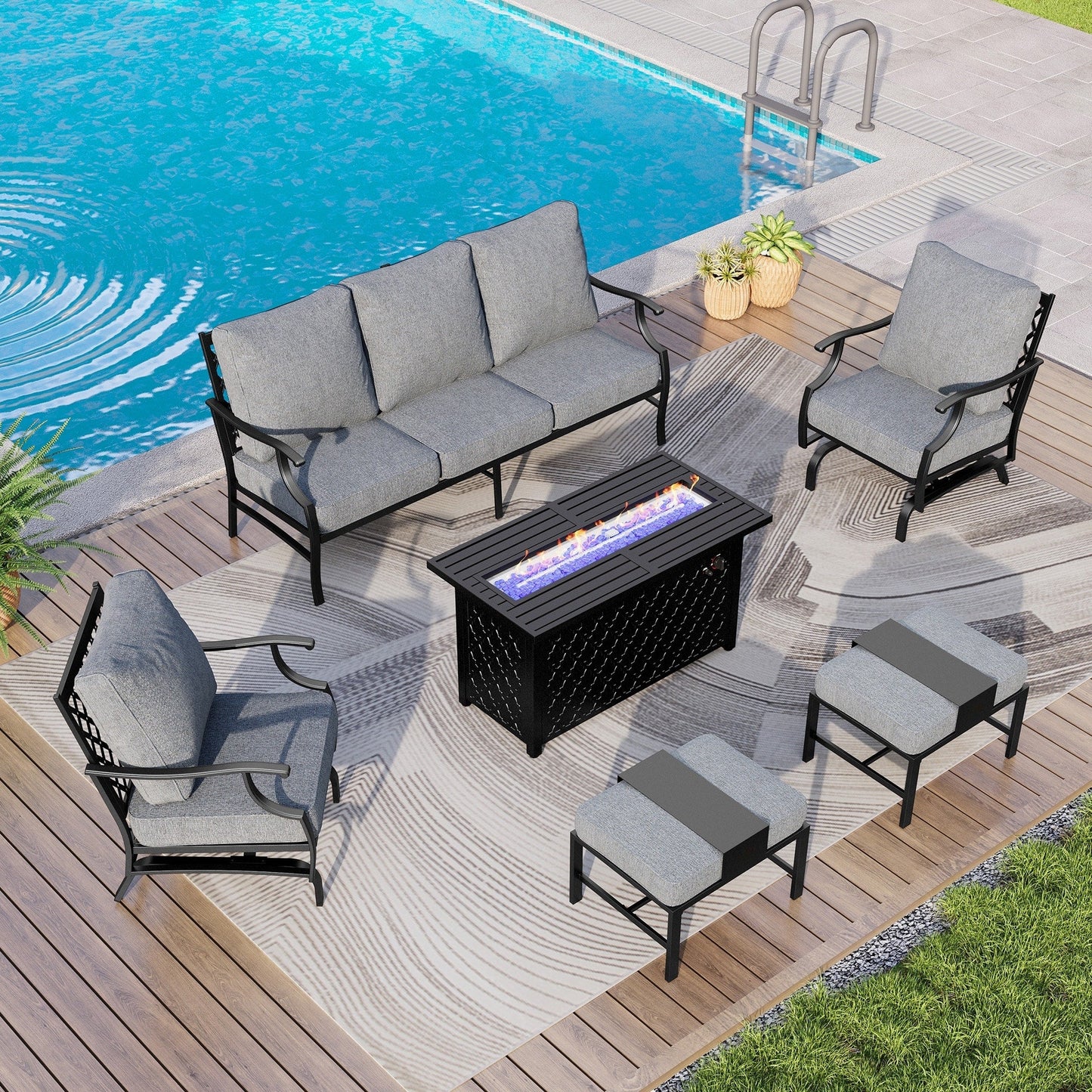 MAISON ARTS Set di divani da esterno da 4/6 pezzi, set da conversazione per patio con tavolo da fuoco a gas da 45''