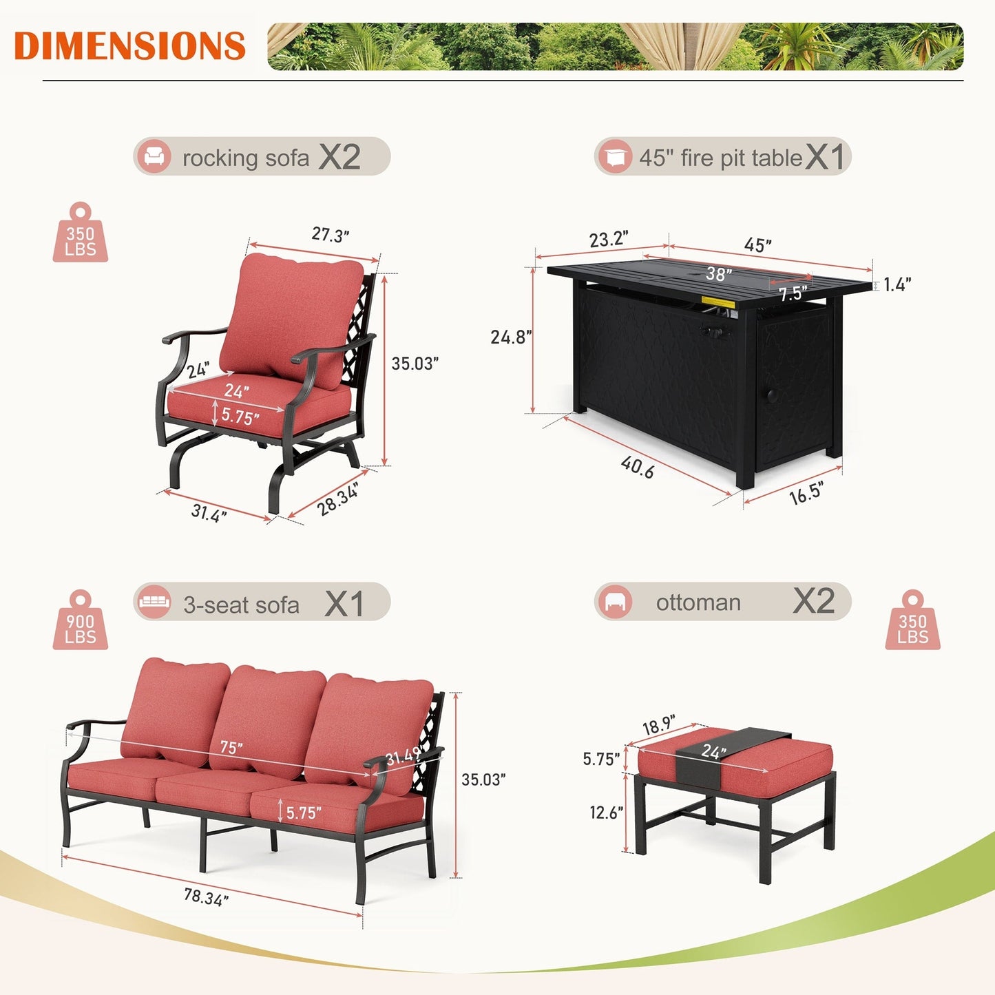 MAISON ARTS Set di divani da esterno da 4/6 pezzi, set da conversazione per patio con tavolo da fuoco a gas da 45''