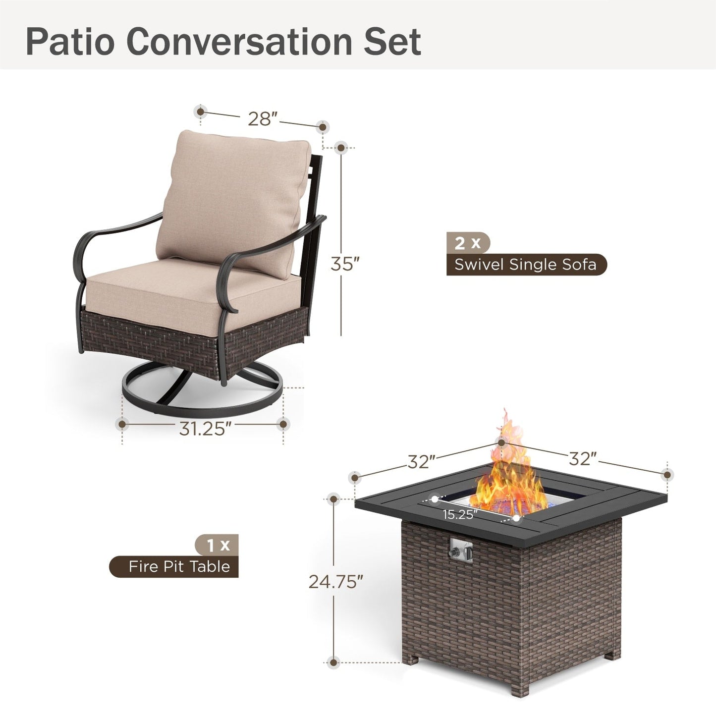 MAISON ARTS Set da esterno oversize da 6 pezzi con braciere - Divano a 3 posti, divano a 2 posti, sedie girevoli, pouf (beige)