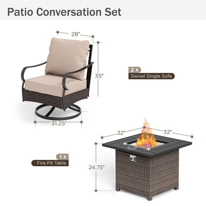 MAISON ARTS Set da esterno oversize da 6 pezzi con braciere - Divano a 3 posti, divano a 2 posti, sedie girevoli, pouf (beige)