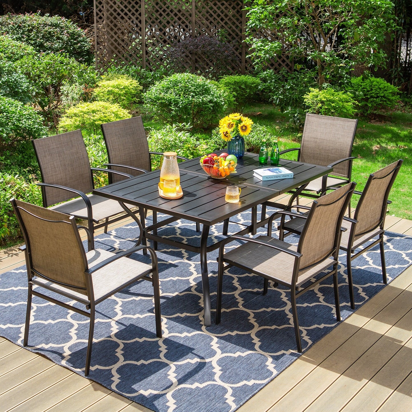 MAISON ARTS Set da pranzo per patio, tavolo rettangolare in metallo da 7 pezzi e 6 sedie in textilene