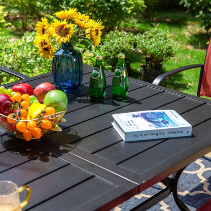 MAISON ARTS Set da pranzo per patio, tavolo rettangolare in metallo da 7 pezzi e 6 sedie in textilene
