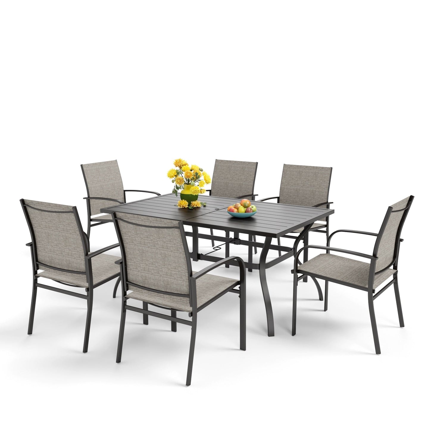 MAISON ARTS Set da pranzo per patio, tavolo rettangolare in metallo da 7 pezzi e 6 sedie in textilene