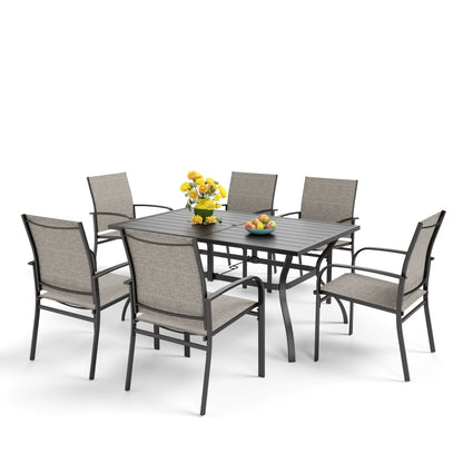 MAISON ARTS Set da pranzo per patio, tavolo rettangolare in metallo da 7 pezzi e 6 sedie in textilene