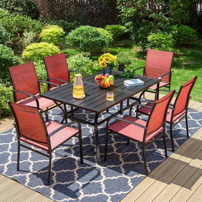MAISON ARTS Set da pranzo per patio, tavolo rettangolare in metallo da 7 pezzi e 6 sedie in textilene