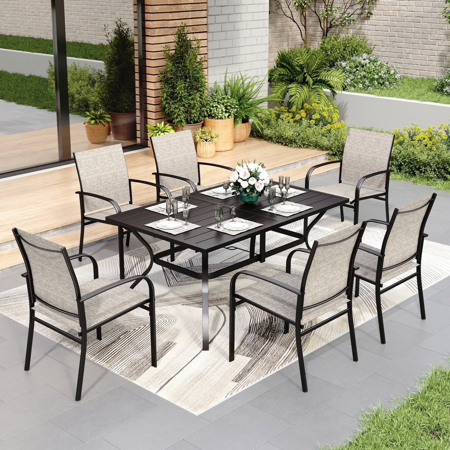 MAISON ARTS Set da pranzo per patio, tavolo rettangolare in metallo da 7 pezzi e 6 sedie in textilene