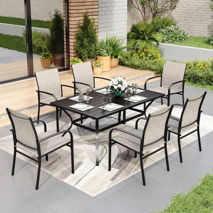 MAISON ARTS Set da pranzo per patio, tavolo rettangolare in metallo da 7 pezzi e 6 sedie in textilene