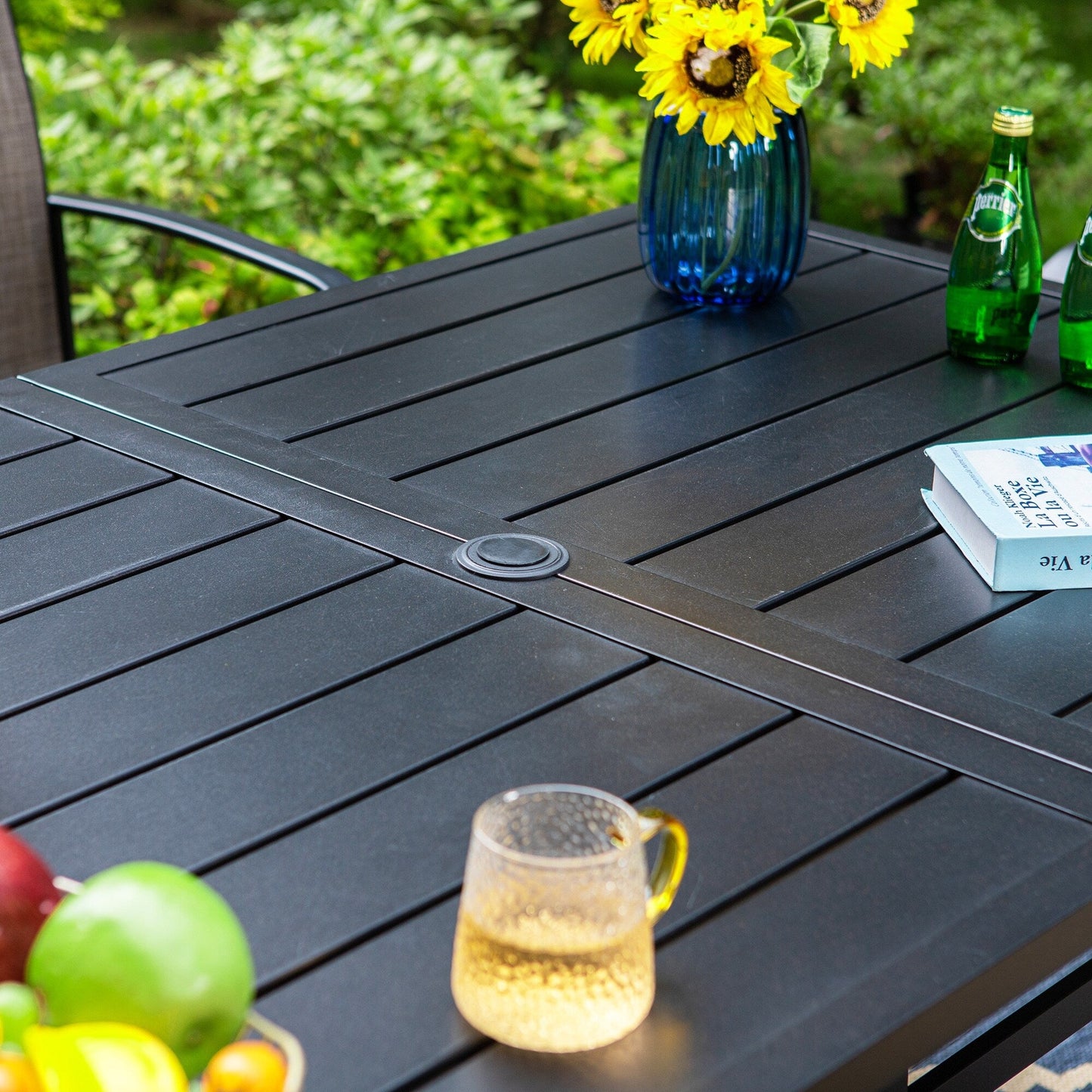 MAISON ARTS Set da pranzo per patio, tavolo rettangolare in metallo da 7 pezzi e 6 sedie in textilene