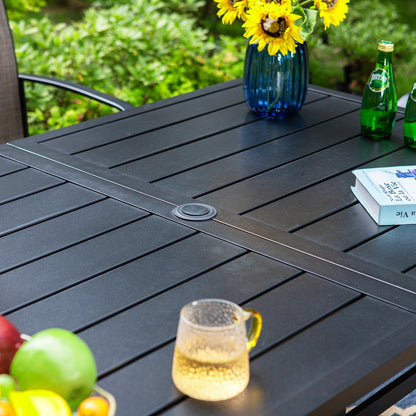 MAISON ARTS Set da pranzo per patio, tavolo rettangolare in metallo da 7 pezzi e 6 sedie in textilene